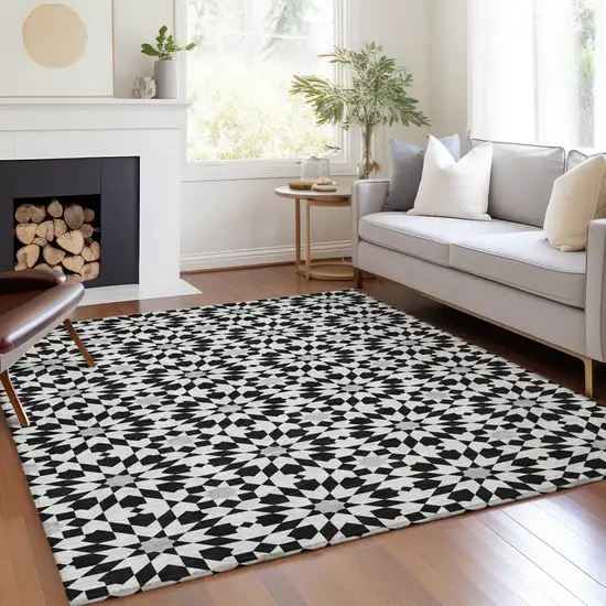 Black Gray And Silver Floral Medallion Washable Indoor Outdoor Area Rug Photo 7
