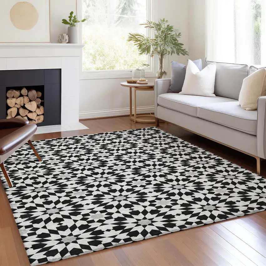 Black Gray And Silver Floral Medallion Washable Indoor Outdoor Area Rug Photo 7