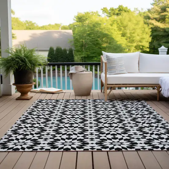 Black Gray And Silver Floral Medallion Washable Indoor Outdoor Area Rug Photo 9