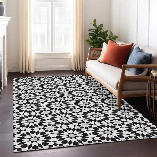 Black Gray And Silver Floral Medallion Washable Indoor Outdoor Area Rug Photo 8
