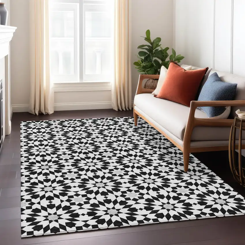 Black Gray And Silver Floral Medallion Washable Indoor Outdoor Area Rug Photo 8