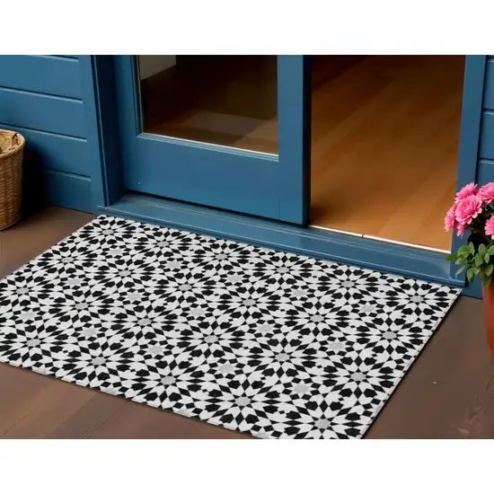 Black Gray And Silver Floral Medallion Washable Indoor Outdoor Area Rug Photo 1