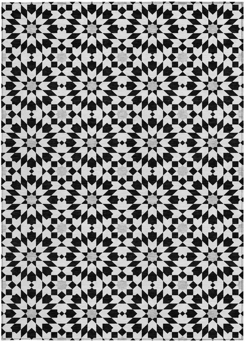 Black Gray And Silver Floral Medallion Washable Indoor Outdoor Area Rug Photo 6