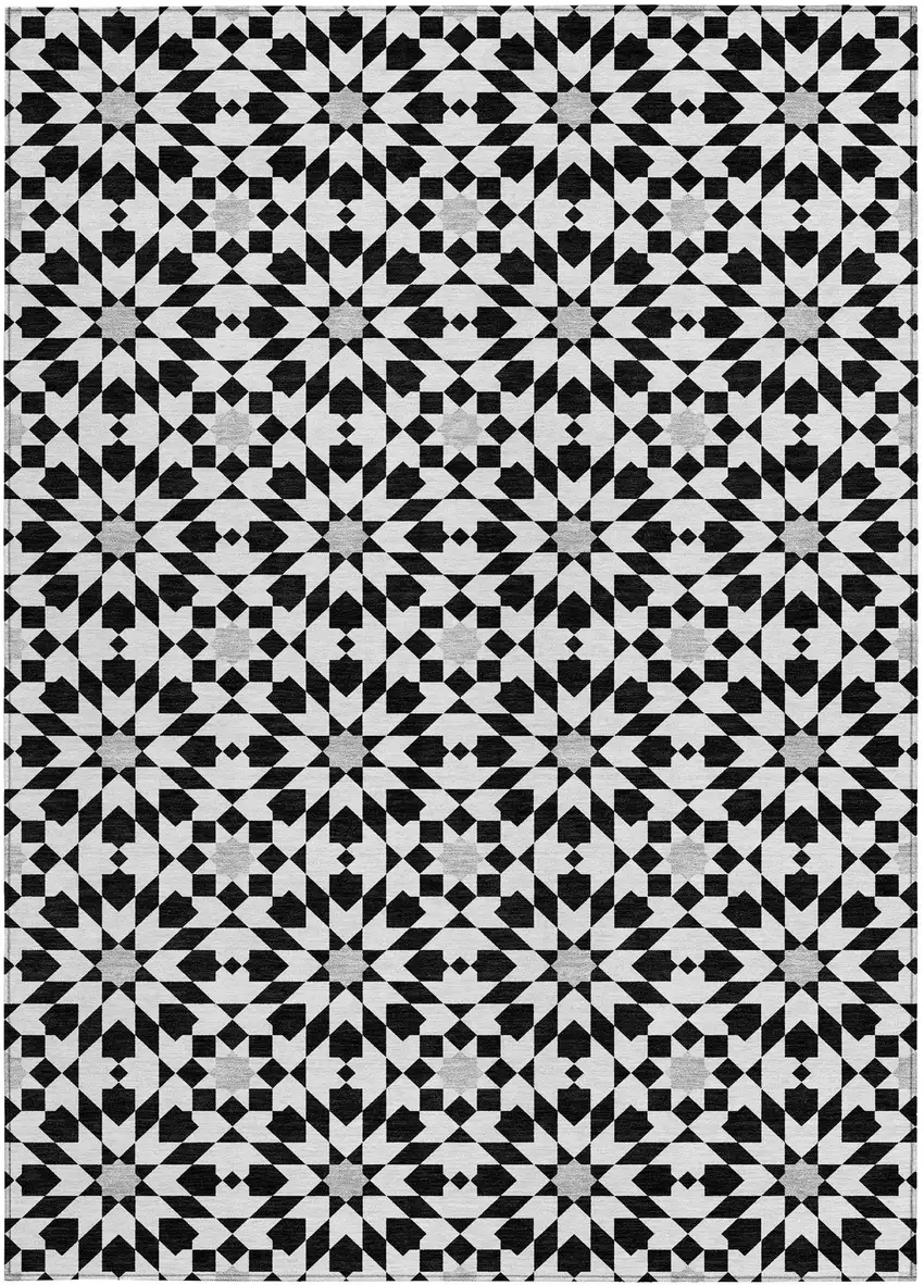 Black Gray And Silver Floral Medallion Washable Indoor Outdoor Area Rug Photo 6