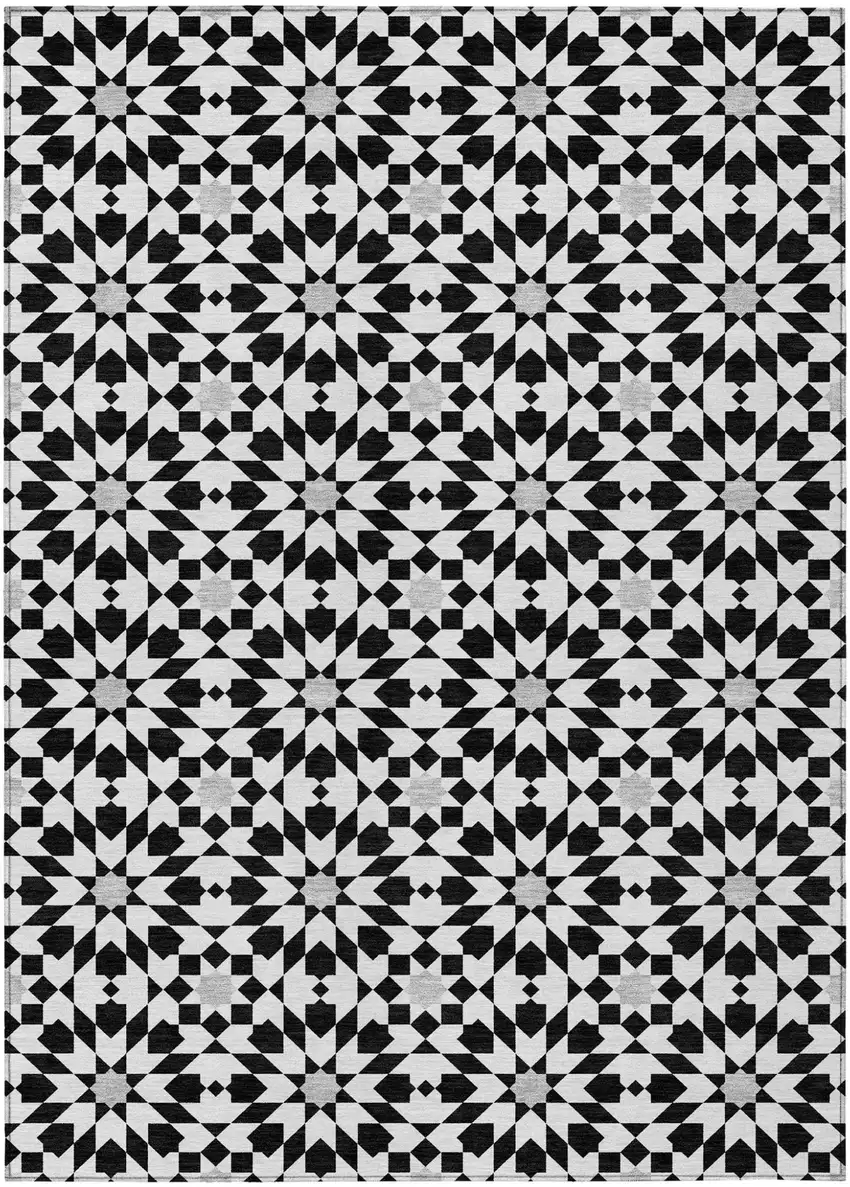Black Gray And Silver Floral Medallion Washable Indoor Outdoor Area Rug Photo 1