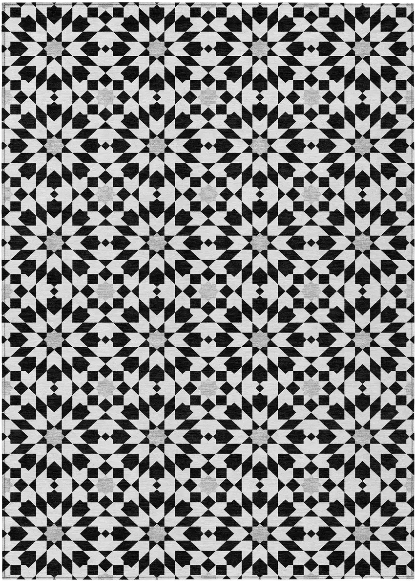 Black Gray And Silver Floral Medallion Washable Indoor Outdoor Area Rug Photo 1