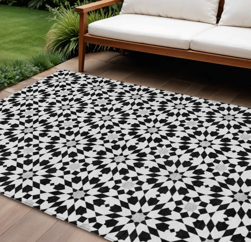 Black Gray And Silver Floral Medallion Washable Indoor Outdoor Area Rug Photo 1