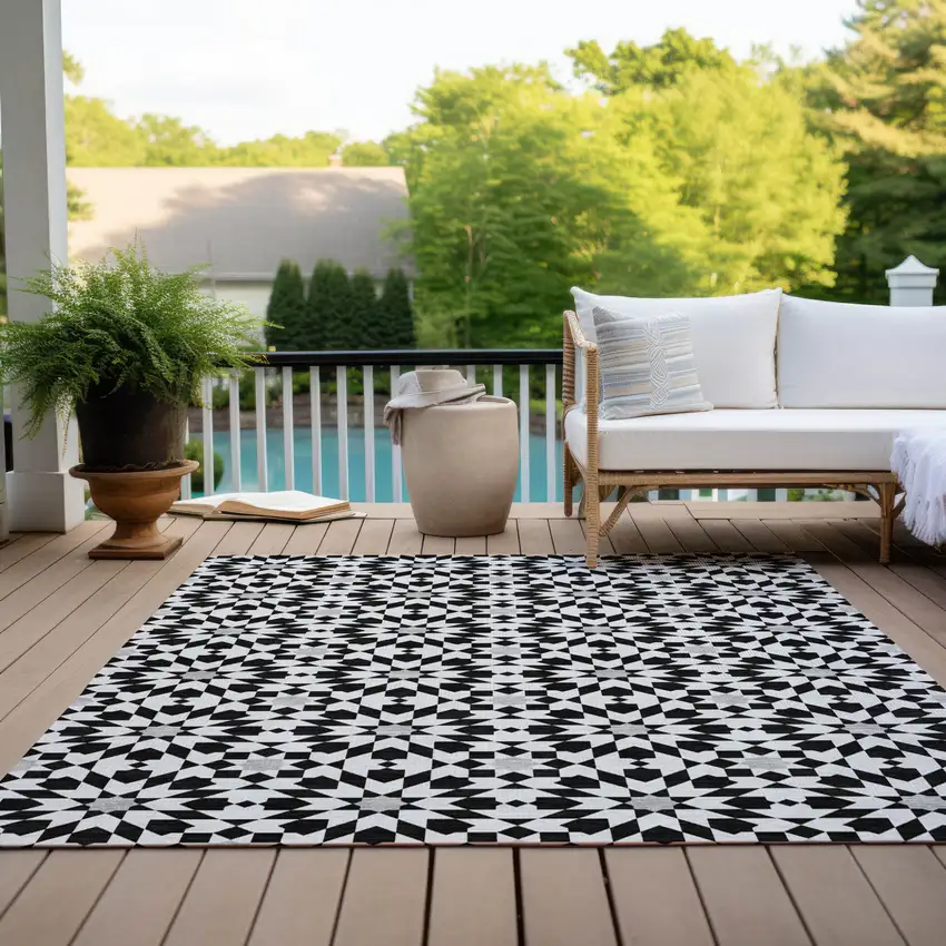 Black Gray And Silver Floral Medallion Washable Indoor Outdoor Area Rug Photo 9