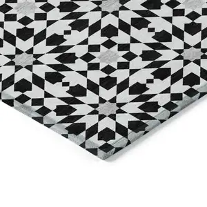 Photo of Black Gray And Silver Floral Medallion Washable Indoor Outdoor Area Rug