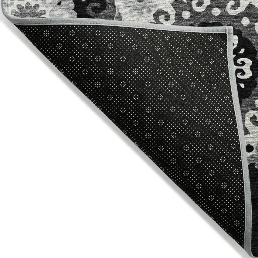 Black Gray And Silver Floral Medallion Washable Indoor Outdoor Area Rug Photo 3