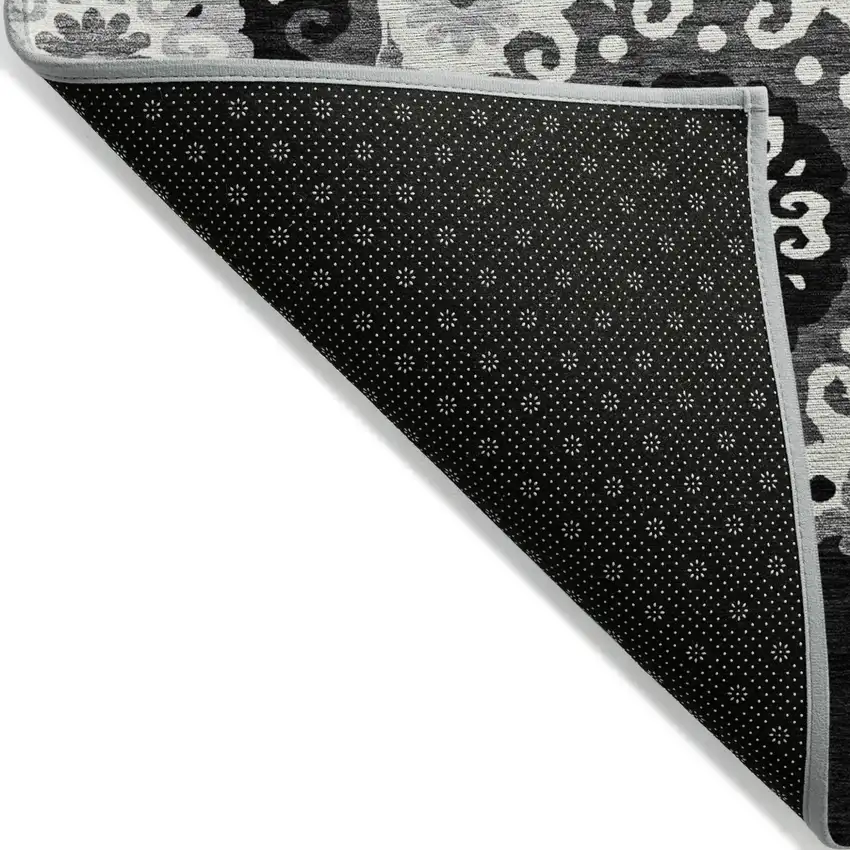 Black Gray And Silver Floral Medallion Washable Indoor Outdoor Area Rug Photo 3