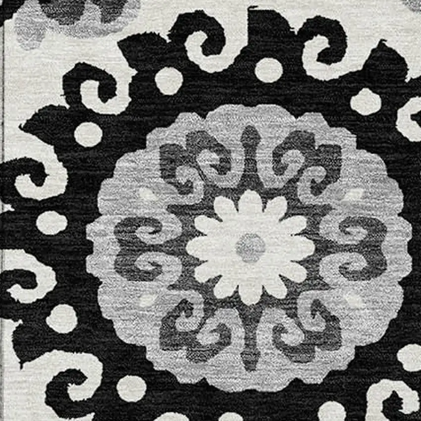 Black Gray And Silver Floral Medallion Washable Indoor Outdoor Area Rug Photo 5