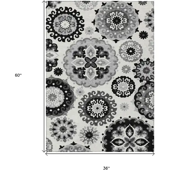Black Gray And Silver Floral Medallion Washable Indoor Outdoor Area Rug Photo 7