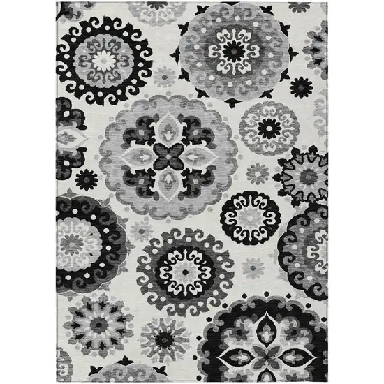 Black Gray And Silver Floral Medallion Washable Indoor Outdoor Area Rug Photo 2