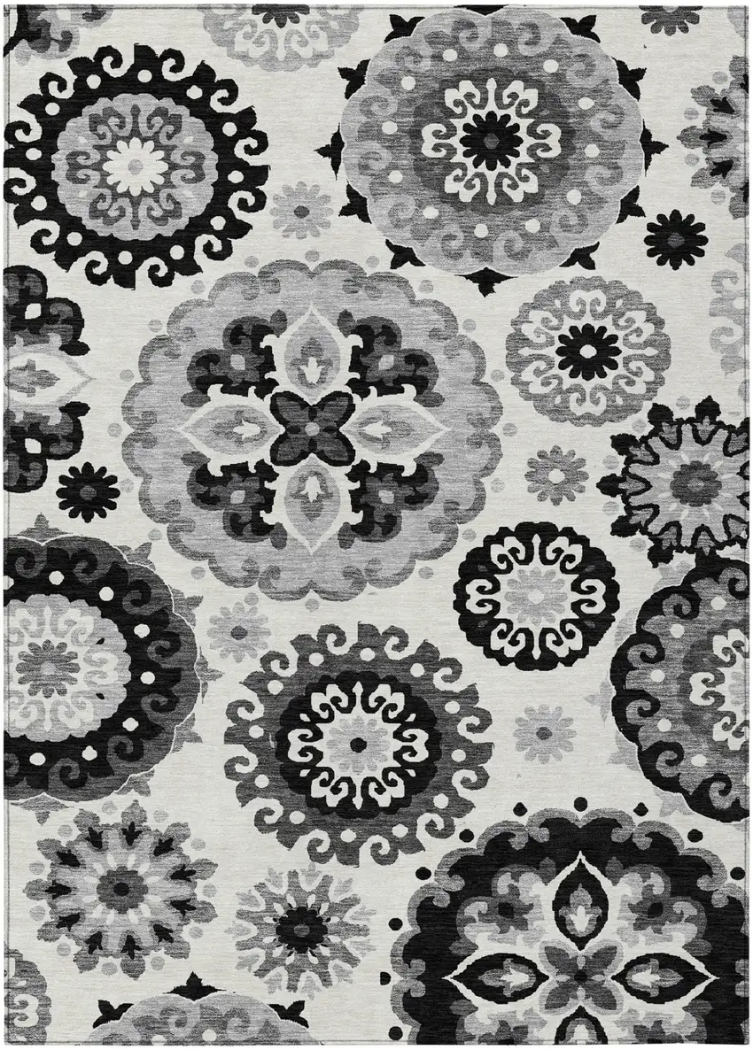 Black Gray And Silver Floral Medallion Washable Indoor Outdoor Area Rug Photo 2