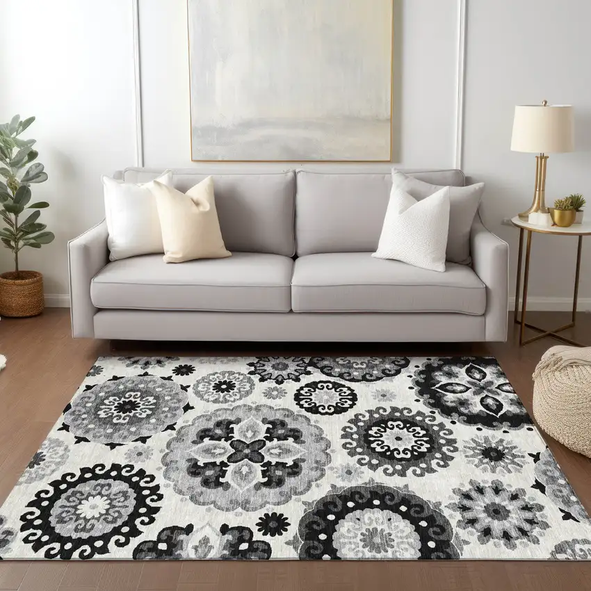 Black Gray And Silver Floral Medallion Washable Indoor Outdoor Area Rug Photo 9