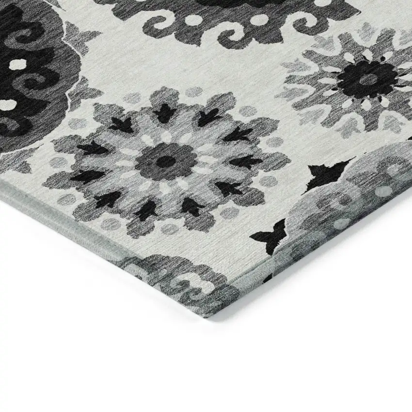 Black Gray And Silver Floral Medallion Washable Indoor Outdoor Area Rug Photo 4