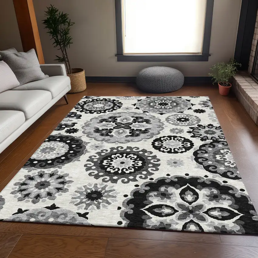 Black Gray And Silver Floral Medallion Washable Indoor Outdoor Area Rug Photo 8