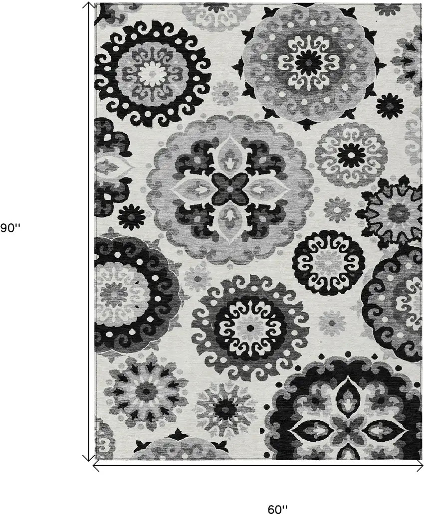 Black Gray And Silver Floral Medallion Washable Indoor Outdoor Area Rug Photo 3