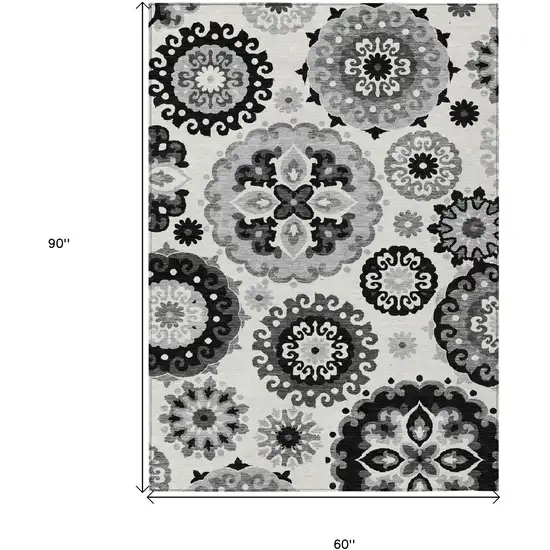 Black Gray And Silver Floral Medallion Washable Indoor Outdoor Area Rug Photo 3