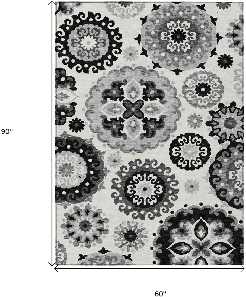 Black Gray And Silver Floral Medallion Washable Indoor Outdoor Area Rug Photo 3
