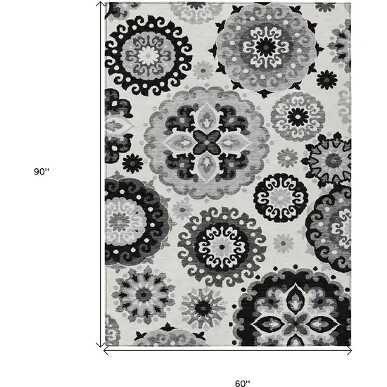 Black Gray And Silver Floral Medallion Washable Indoor Outdoor Area Rug Photo 3