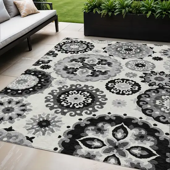 Black Gray And Silver Floral Medallion Washable Indoor Outdoor Area Rug Photo 1