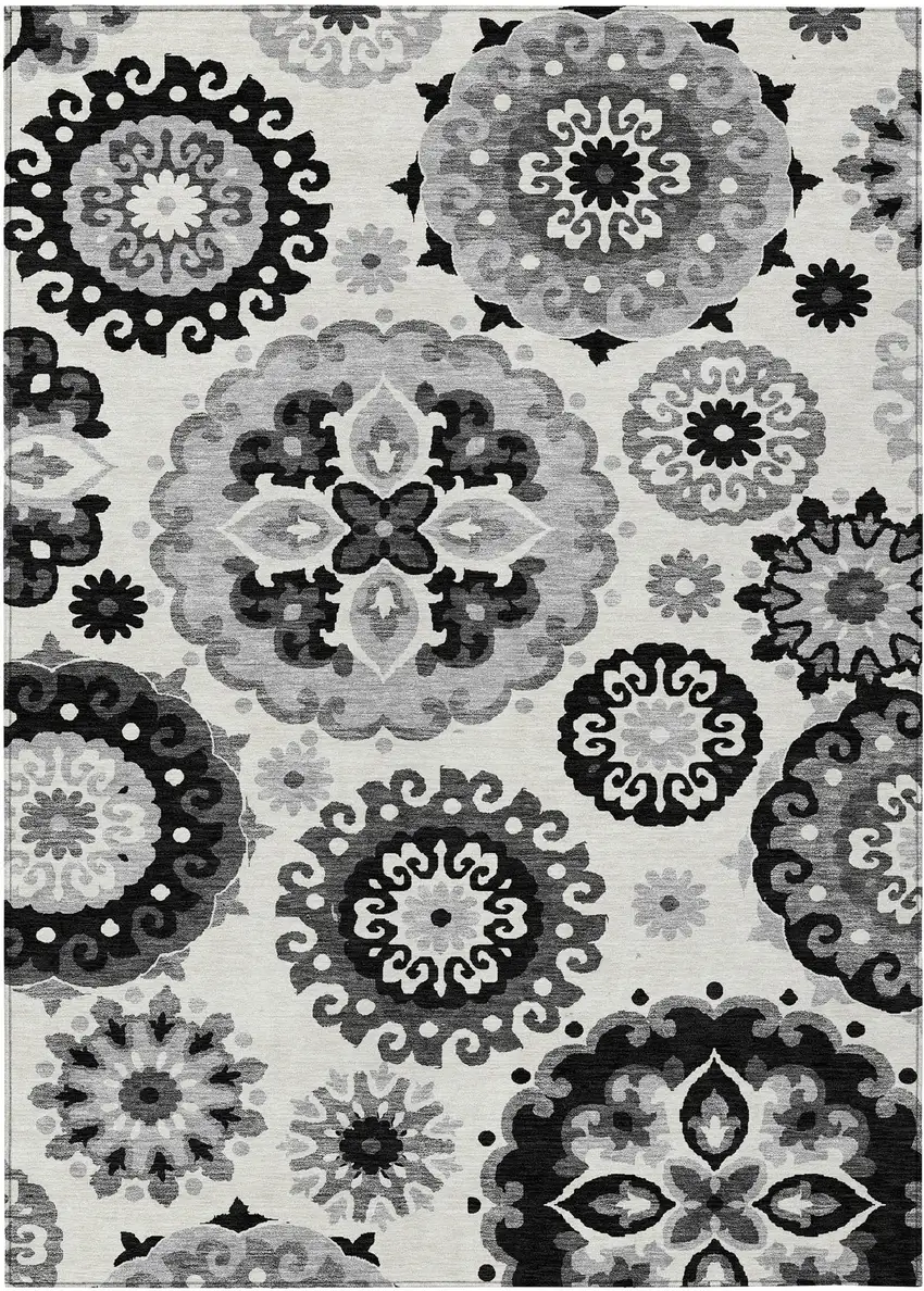 Black Gray And Silver Floral Medallion Washable Indoor Outdoor Area Rug Photo 1