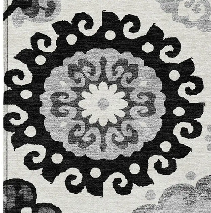 Black Gray And Silver Floral Medallion Washable Indoor Outdoor Area Rug Photo 5