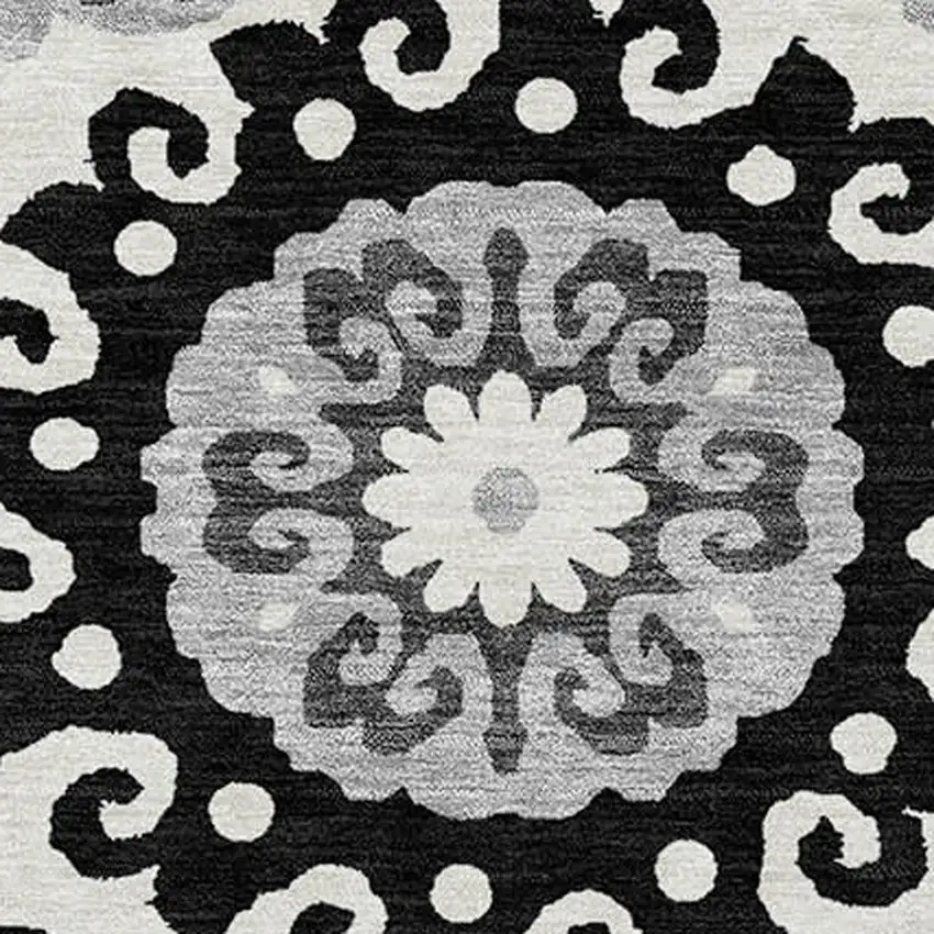 Black Gray And Silver Floral Medallion Washable Indoor Outdoor Area Rug Photo 4