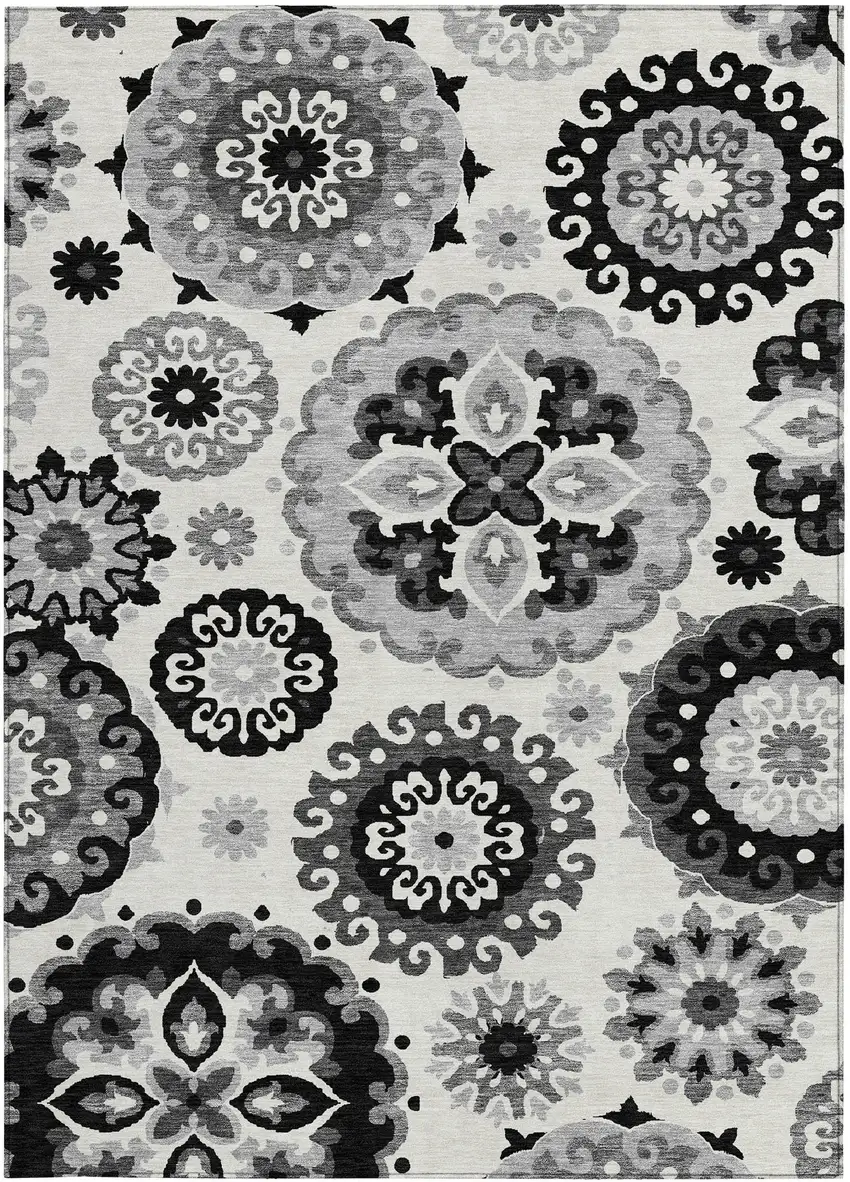 Black Gray And Silver Floral Medallion Washable Indoor Outdoor Area Rug Photo 5