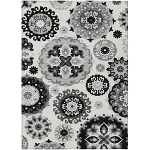 Photo of Black Gray And Silver Floral Medallion Washable Indoor Outdoor Area Rug