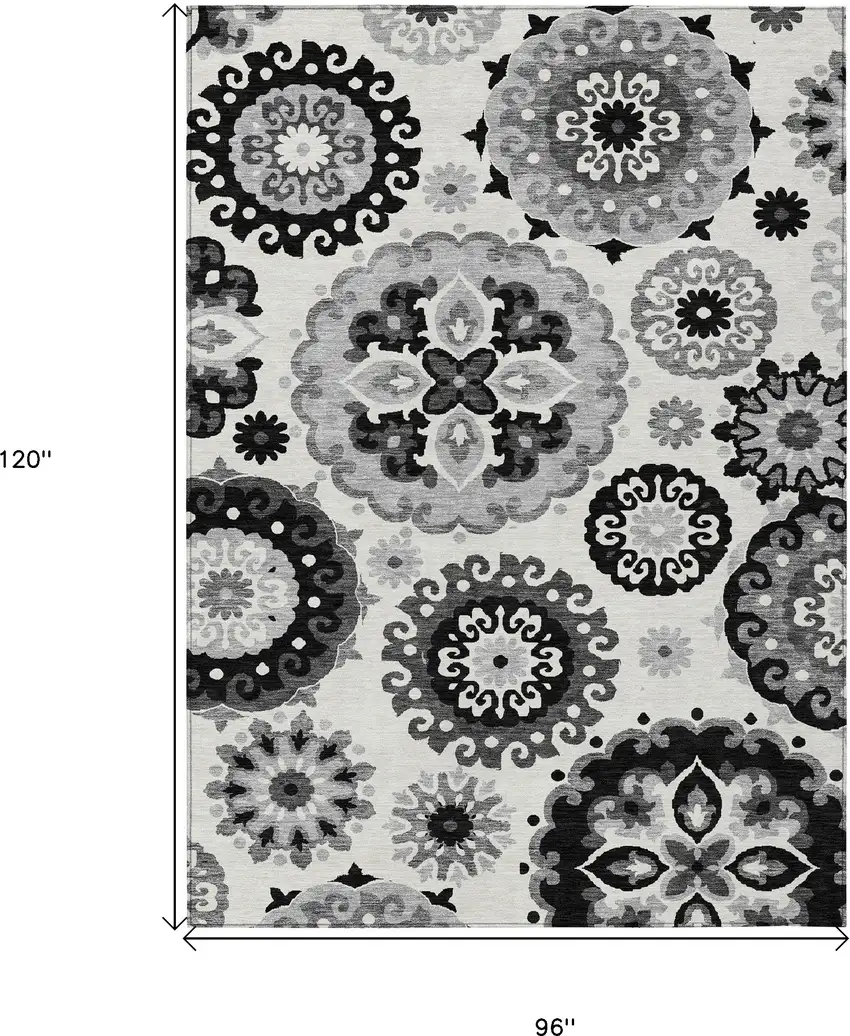 Black Gray And Silver Floral Medallion Washable Indoor Outdoor Area Rug Photo 3