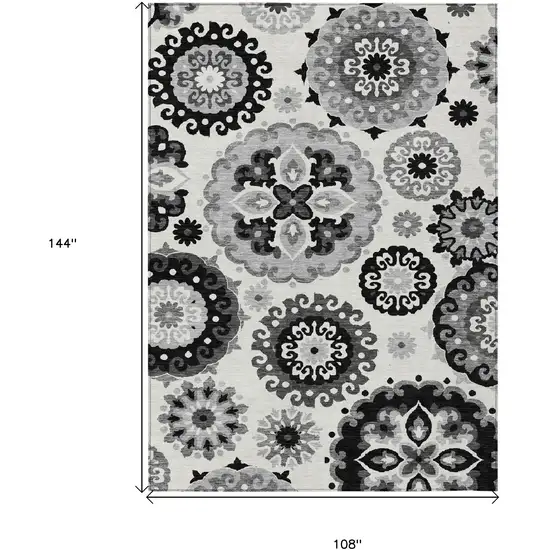 Black Gray And Silver Floral Medallion Washable Indoor Outdoor Area Rug Photo 3