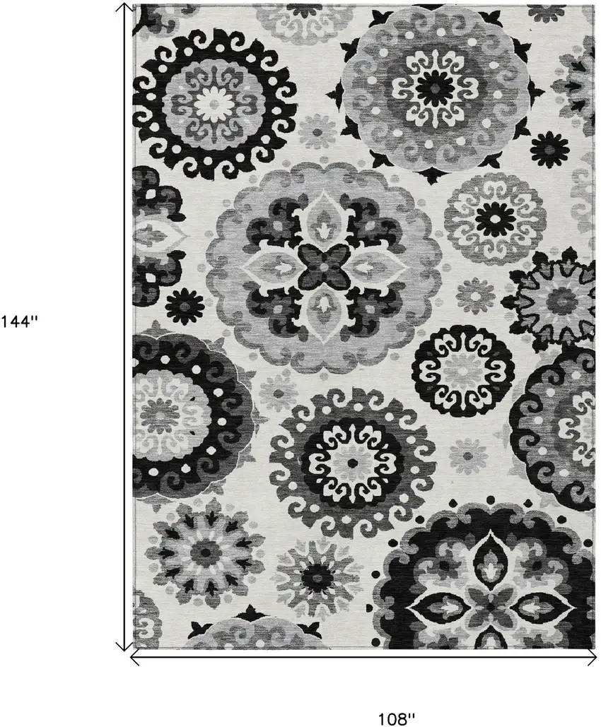 Black Gray And Silver Floral Medallion Washable Indoor Outdoor Area Rug Photo 3