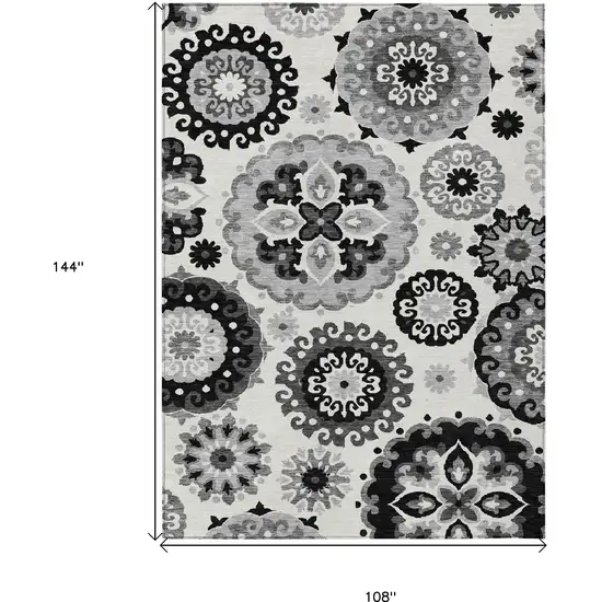 Black Gray And Silver Floral Medallion Washable Indoor Outdoor Area Rug Photo 3