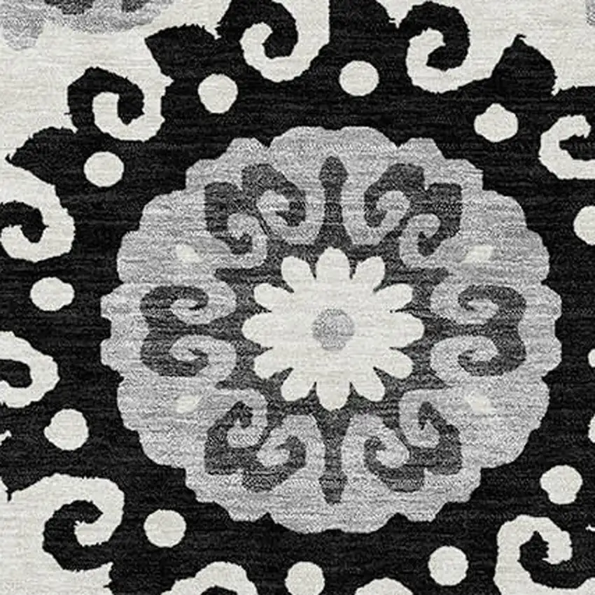Black Gray And Silver Floral Medallion Washable Indoor Outdoor Area Rug Photo 4