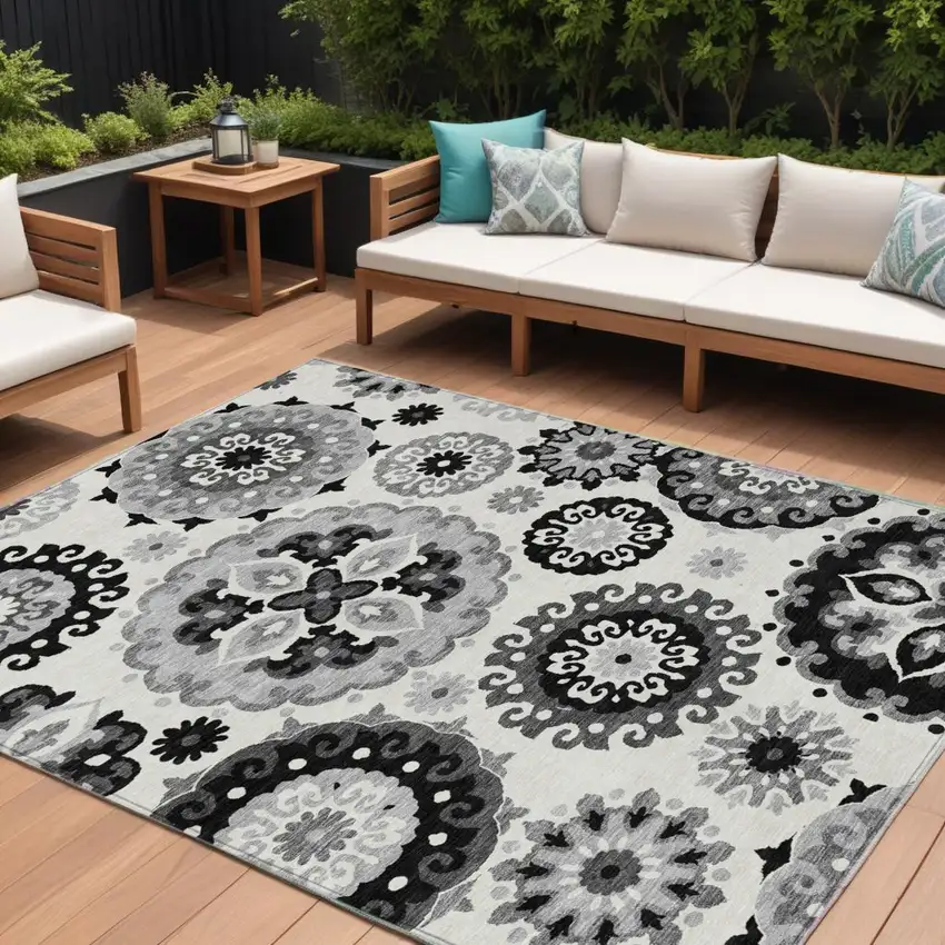 Black Gray And Silver Floral Medallion Washable Indoor Outdoor Area Rug Photo 1