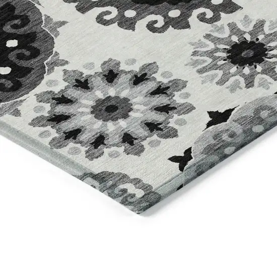Black Gray And Silver Floral Medallion Washable Indoor Outdoor Area Rug Photo 3