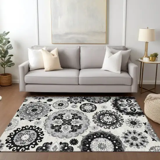 Black Gray And Silver Floral Medallion Washable Indoor Outdoor Area Rug Photo 8