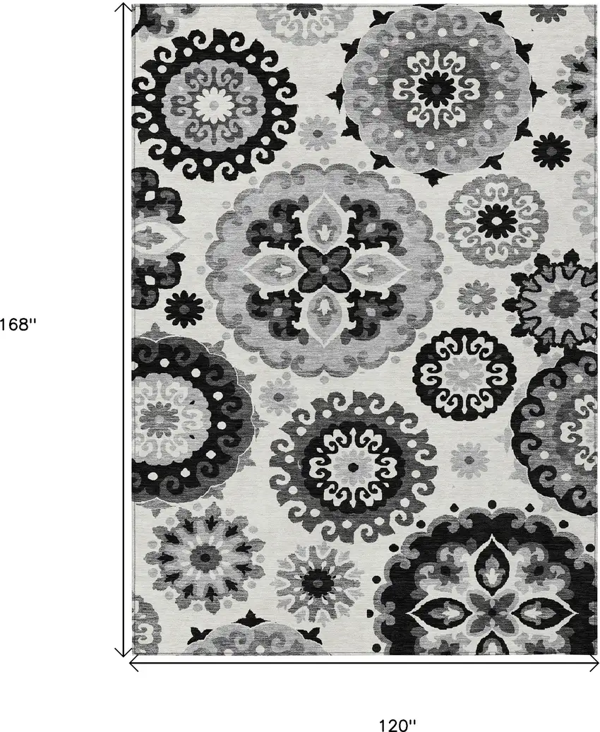 Black Gray And Silver Floral Medallion Washable Indoor Outdoor Area Rug Photo 3