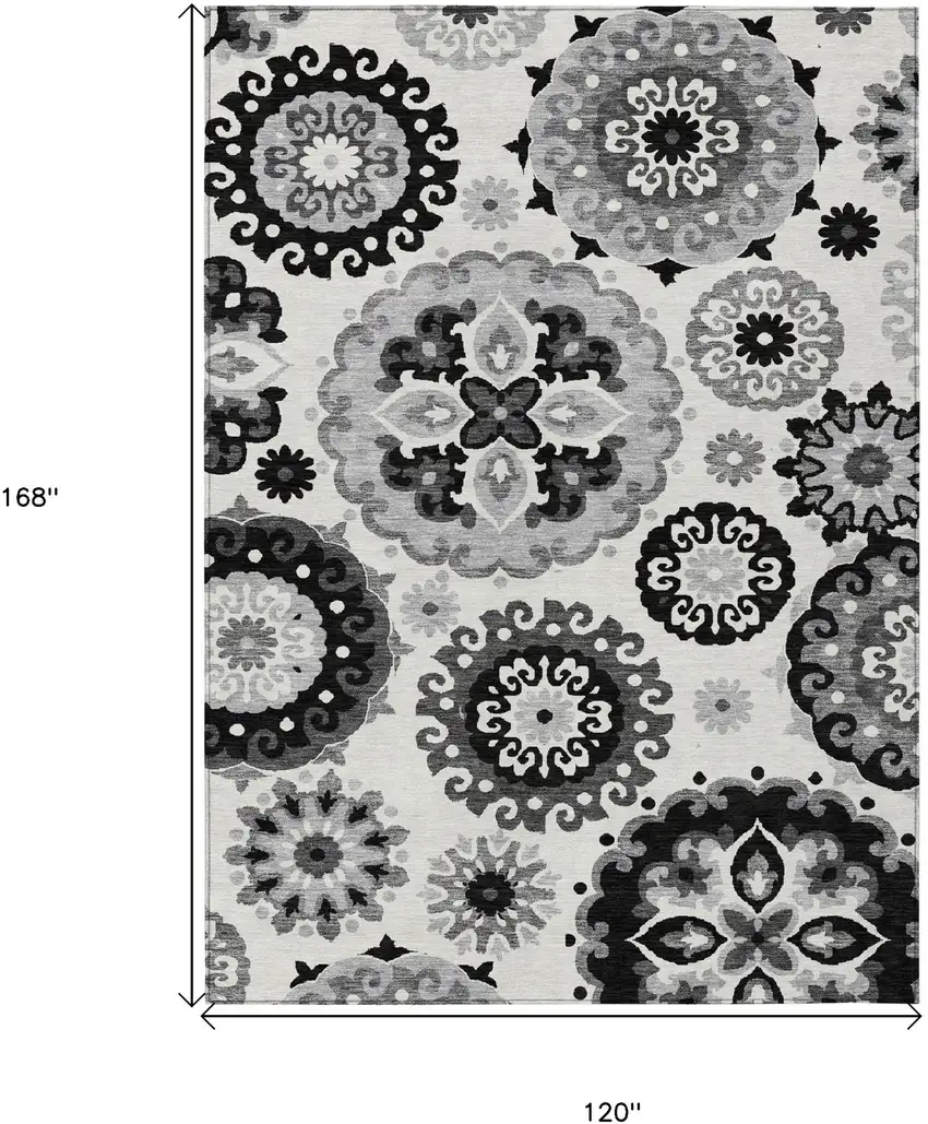 Black Gray And Silver Floral Medallion Washable Indoor Outdoor Area Rug Photo 3