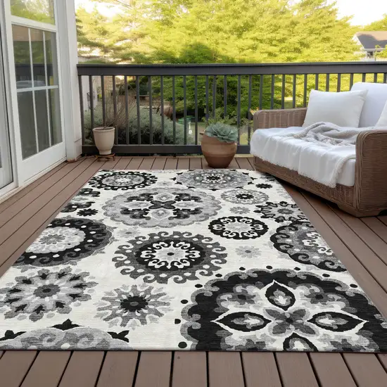 Black Gray And Silver Floral Medallion Washable Indoor Outdoor Area Rug Photo 6
