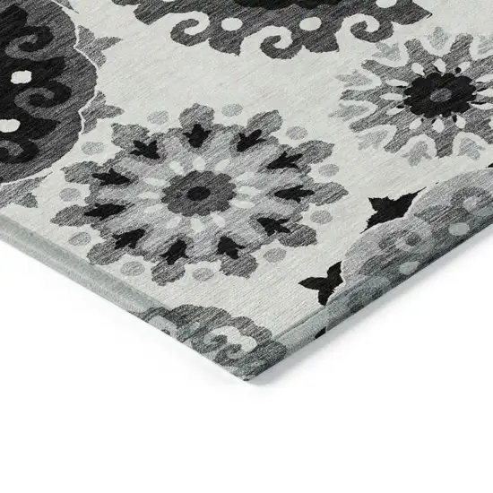 Black Gray And Silver Floral Medallion Washable Indoor Outdoor Area Rug Photo 3