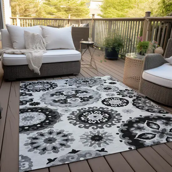 Black Gray And Silver Floral Medallion Washable Indoor Outdoor Area Rug Photo 9