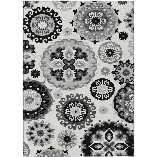 Black Gray And Silver Floral Medallion Washable Indoor Outdoor Area Rug Photo 1