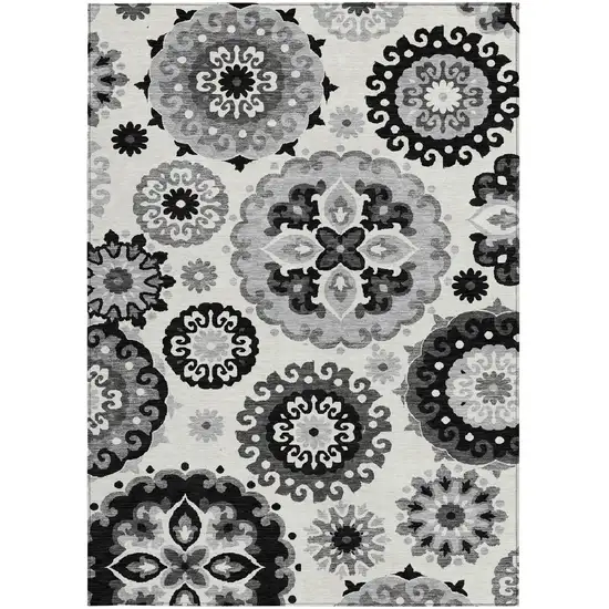 Black Gray And Silver Floral Medallion Washable Indoor Outdoor Area Rug Photo 5