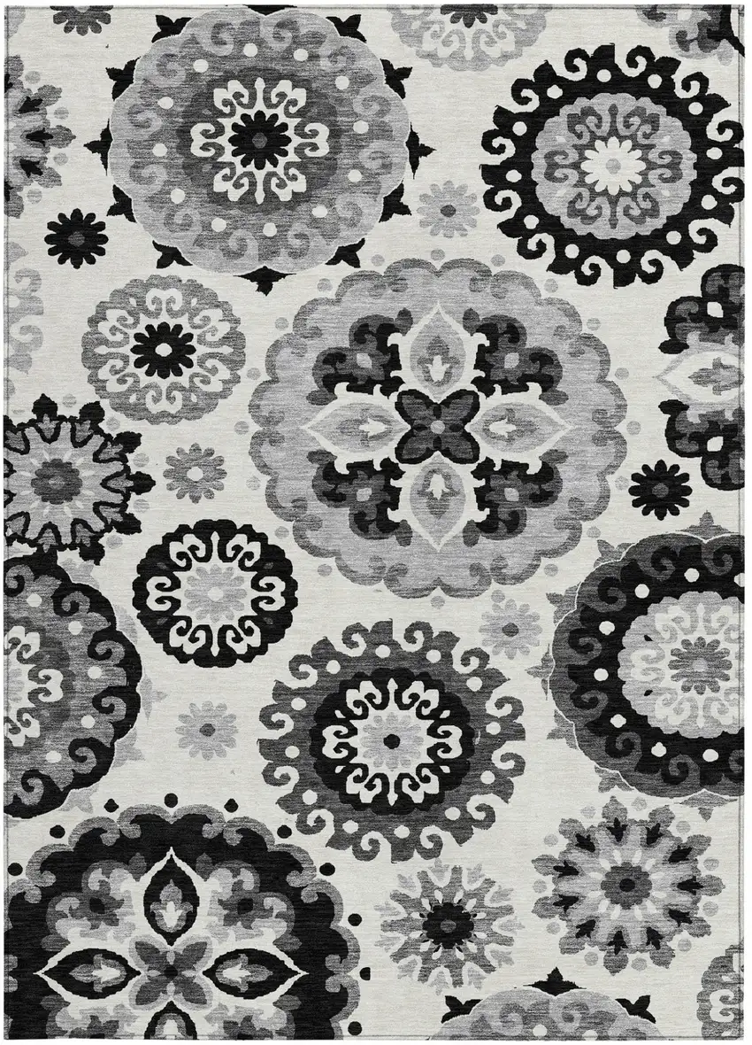 Black Gray And Silver Floral Medallion Washable Indoor Outdoor Area Rug Photo 5