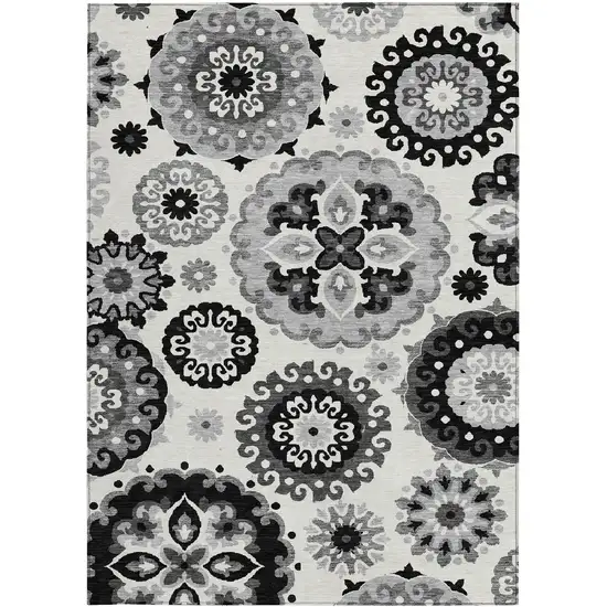 Black Gray And Silver Floral Medallion Washable Indoor Outdoor Area Rug Photo 5