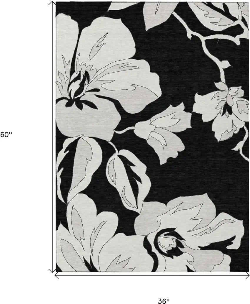 Black Gray And Silver Floral Washable Indoor Outdoor Area Rug Photo 3